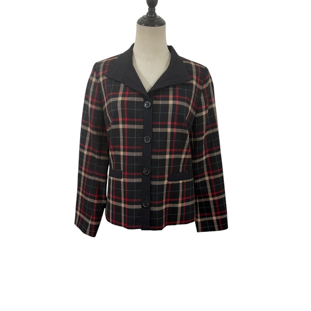 Pendleton Women's Wool Plaid Jacket Blazer Sz 10 Black Red Tan Preppy Heritage